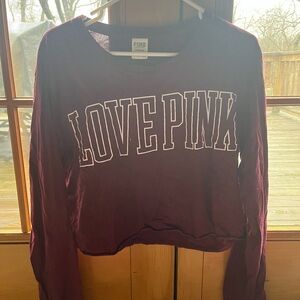 PINK Victoria's Secret Maroon 'LOVE PINK' Cropped Long Sleeve Top